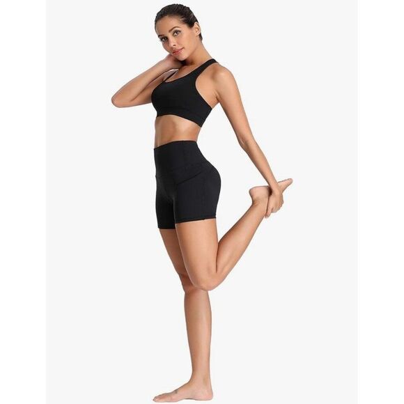 Oalka Shorts Solid Black Side Pockets High Waist Workout 4” Nylon Spandex Medium - Picture 6 of 8